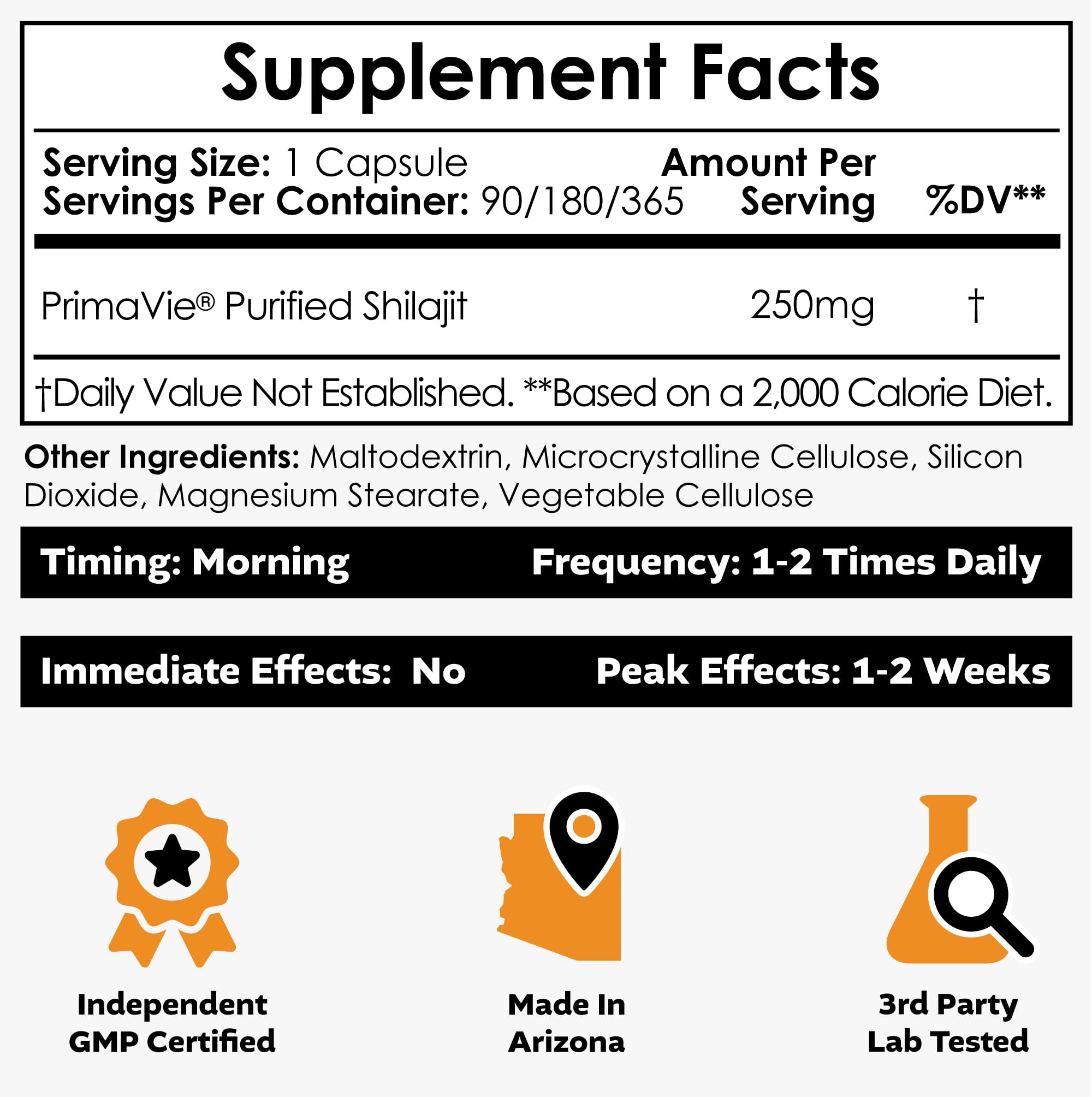 Nootropics Depot PrimaVie Shilajit, etiqueta de laboratorio, garantía de calidad.