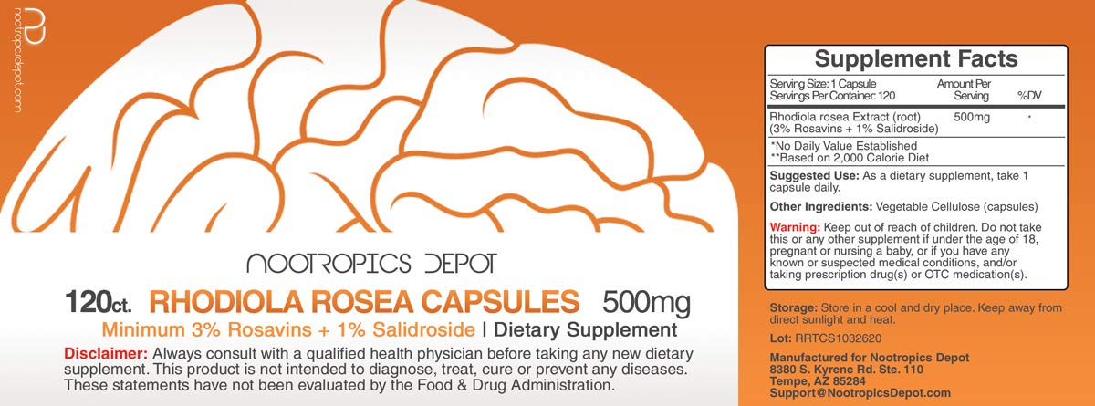 Nootropics Depot Rhodiola, frasco de vidrio para consumo diario