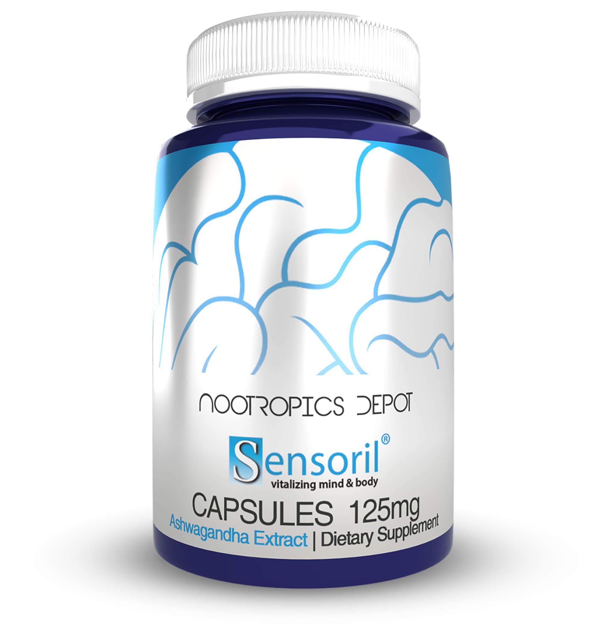 Nootropics Depot Sensoril Ashwagandha, botella frontal, apoyo a energía estable.