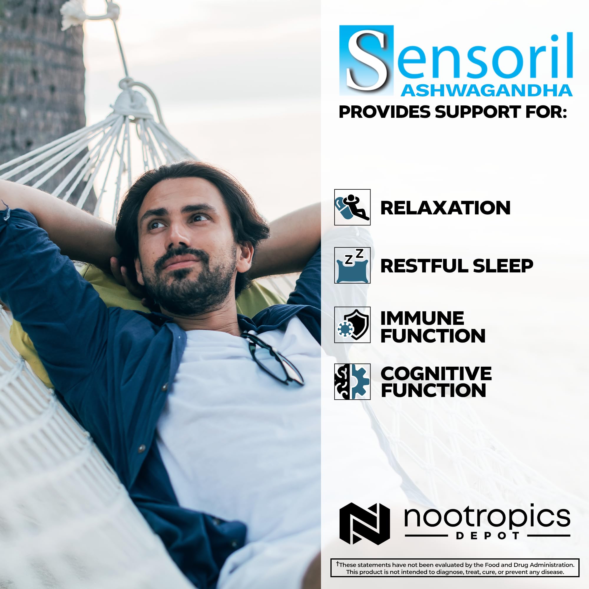 Nootropics Depot Sensoril Ashwagandha, caja de presentación, opción ordenada para almacenamiento.