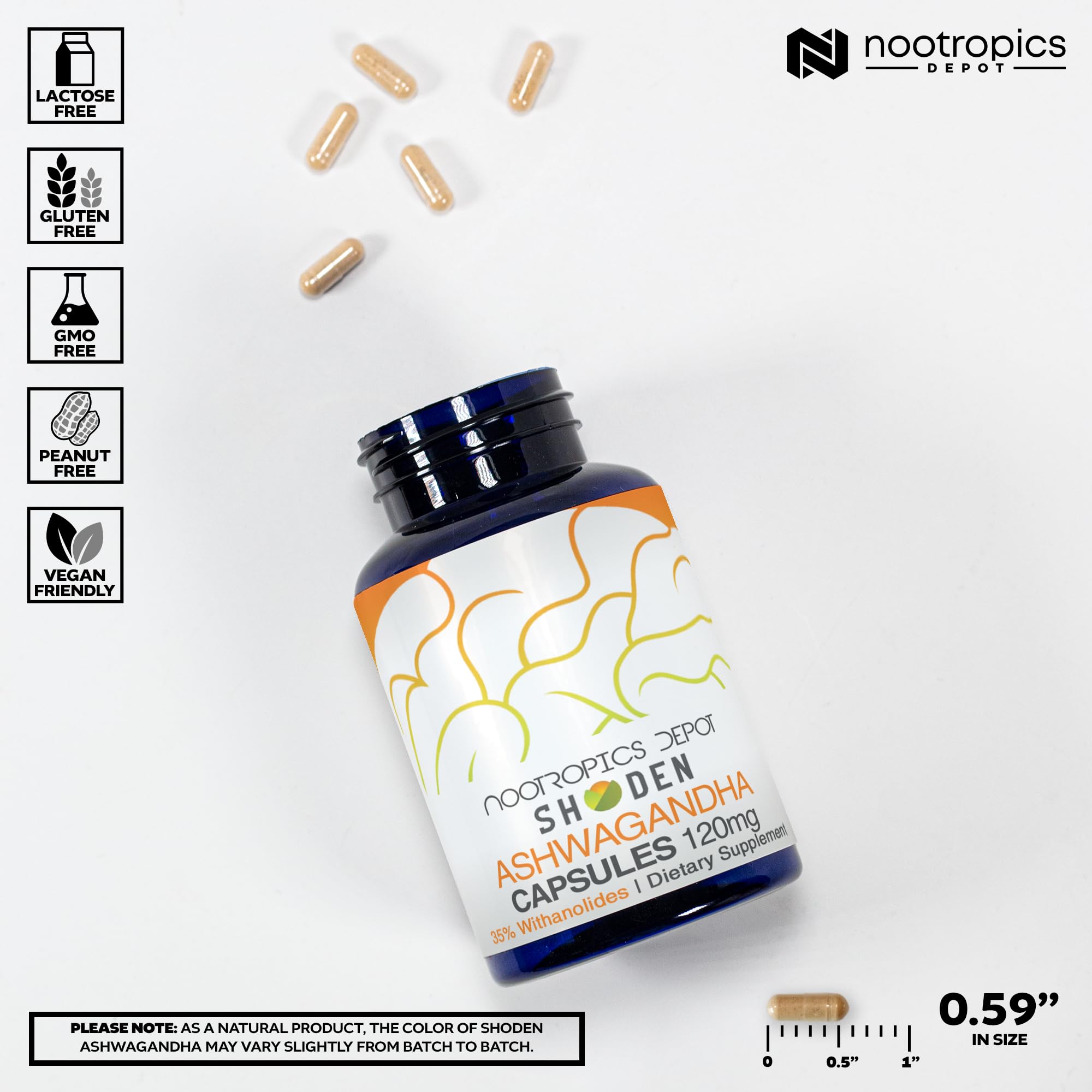 Nootropics Depot Shoden Ashwagandha, etiqueta visible destacando withanolides