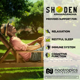 Nootropics Depot Shoden Ashwagandha, frente al bote mostrando consistencia de dosis