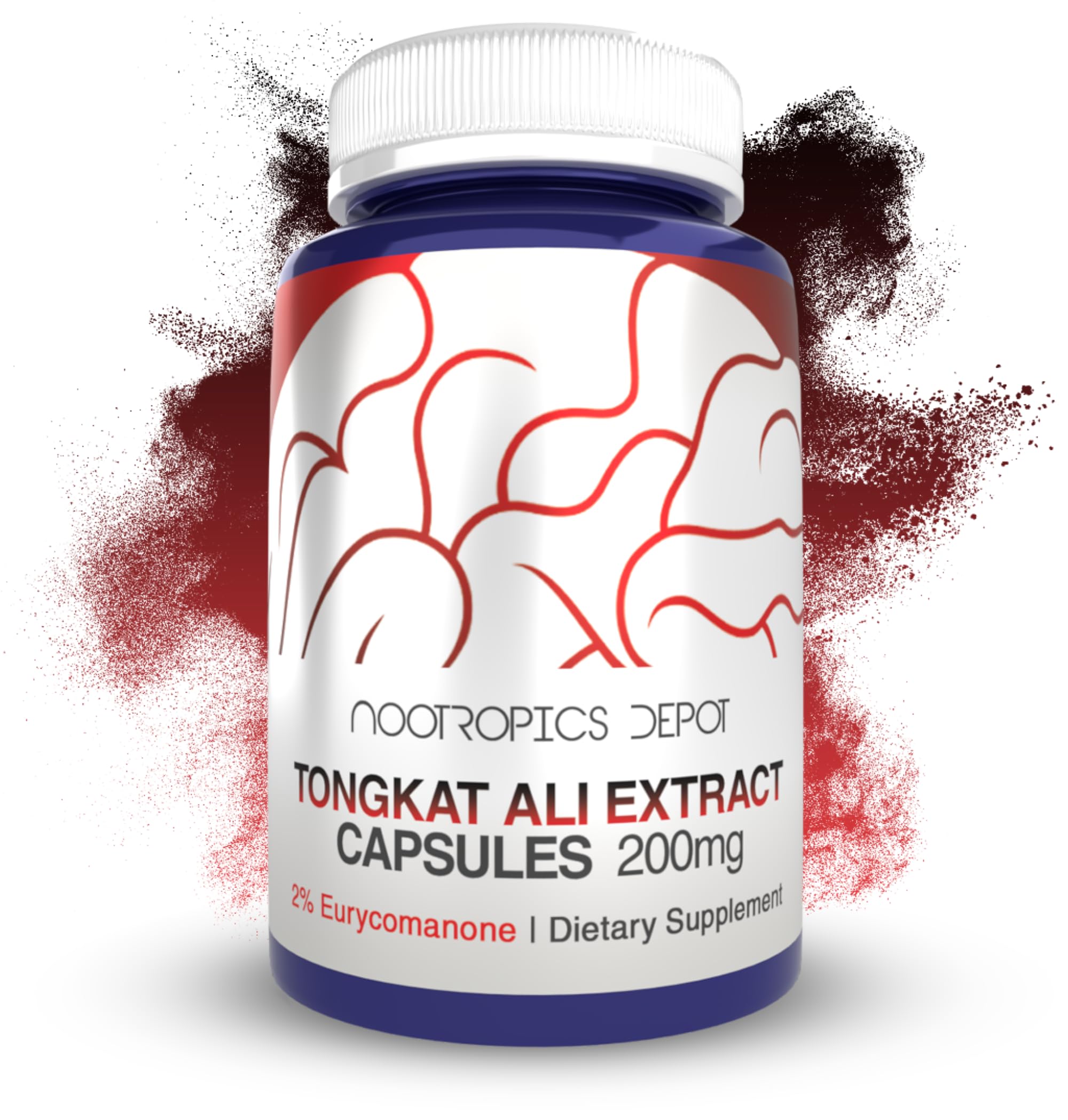 Nootropics Depot Tongkat Ali extract cápsulas 200 mg en botella, energía sostenida para el día.
