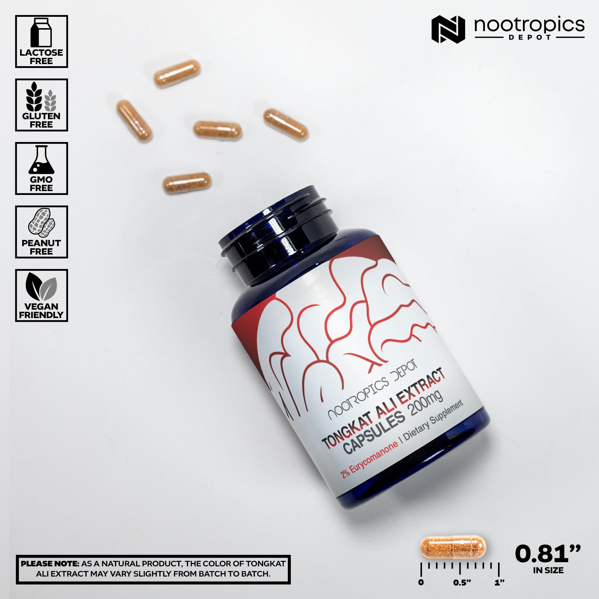 Nootropics Depot Tongkat Ali extract etiqueta visible, guía de uso útil.