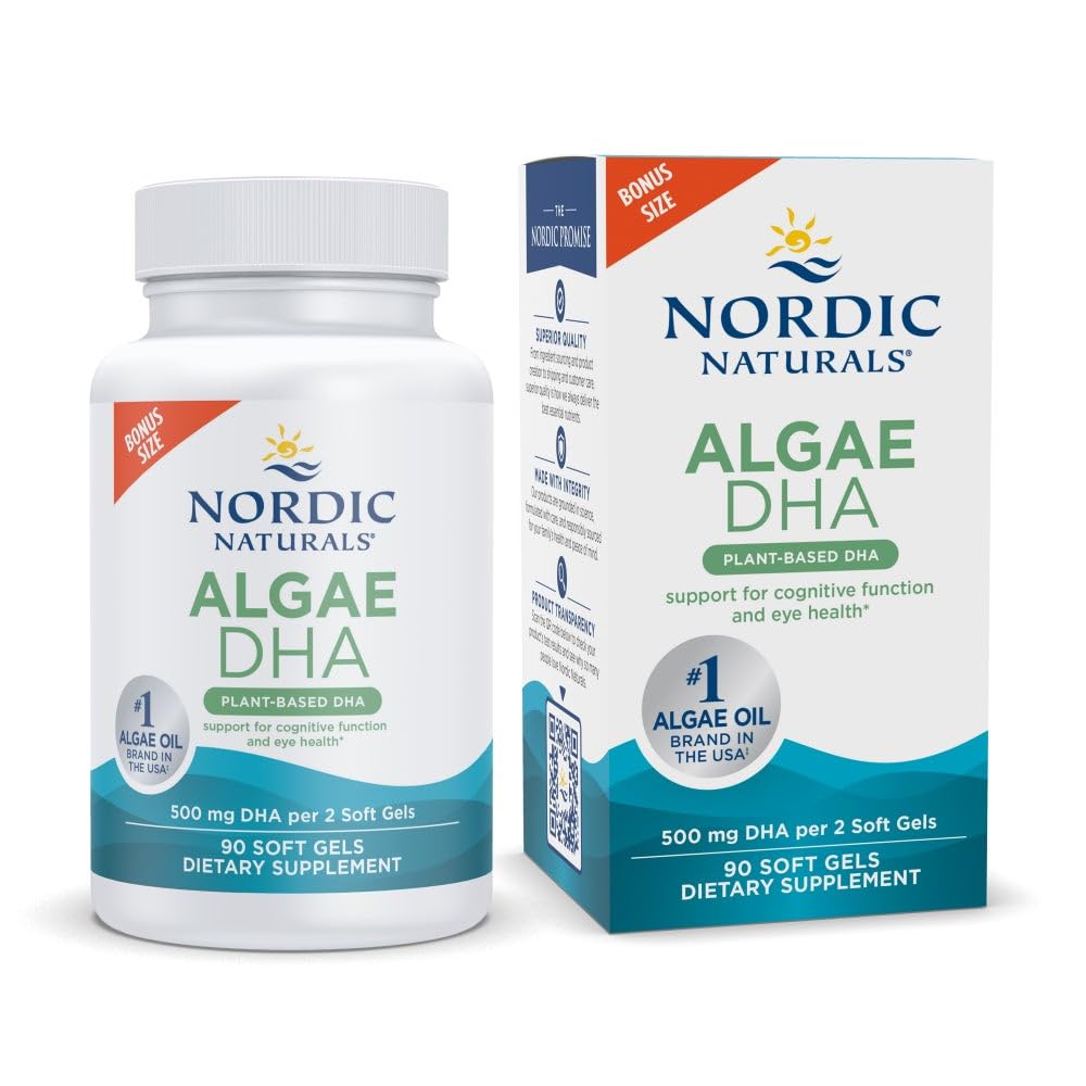 Nordic Naturals Alga DHA en botella, suplemento vegetal para apoyar cerebro y visión.
