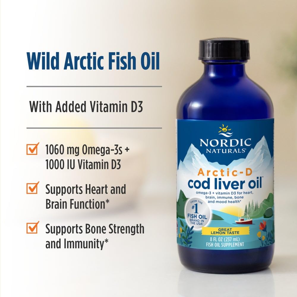 Frasco Nordic Naturals Arctic-D con sabor limón ofrece experiencia agradable al tomar.