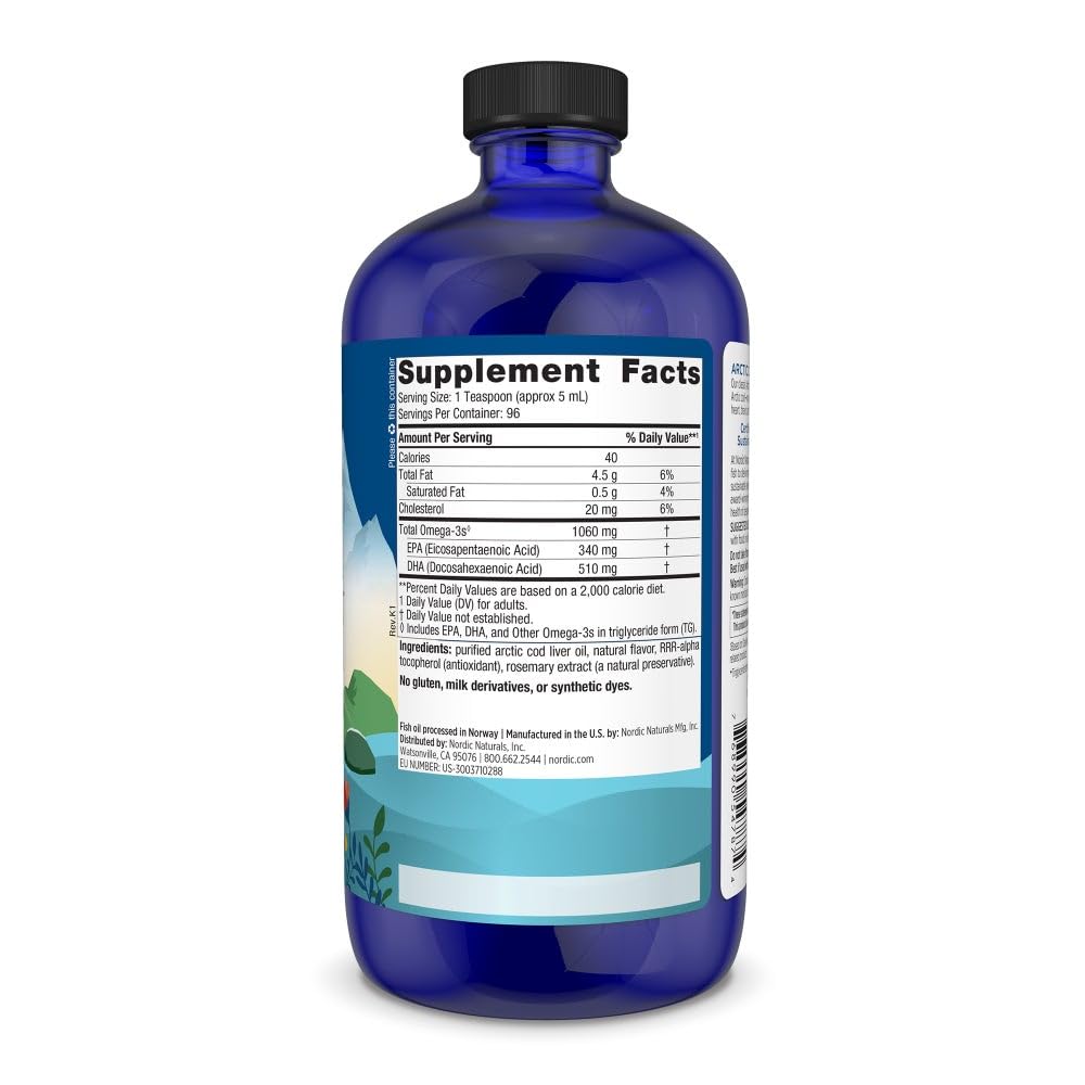 Etiqueta de Nordic Naturals Higado de Bacalao Arctico, información clara de omega-3.