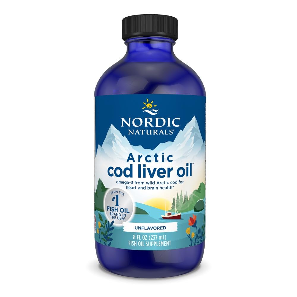 Nordic Naturals botella de aceite de higado de bacalao del Ártico sin sabor para uso diario.
