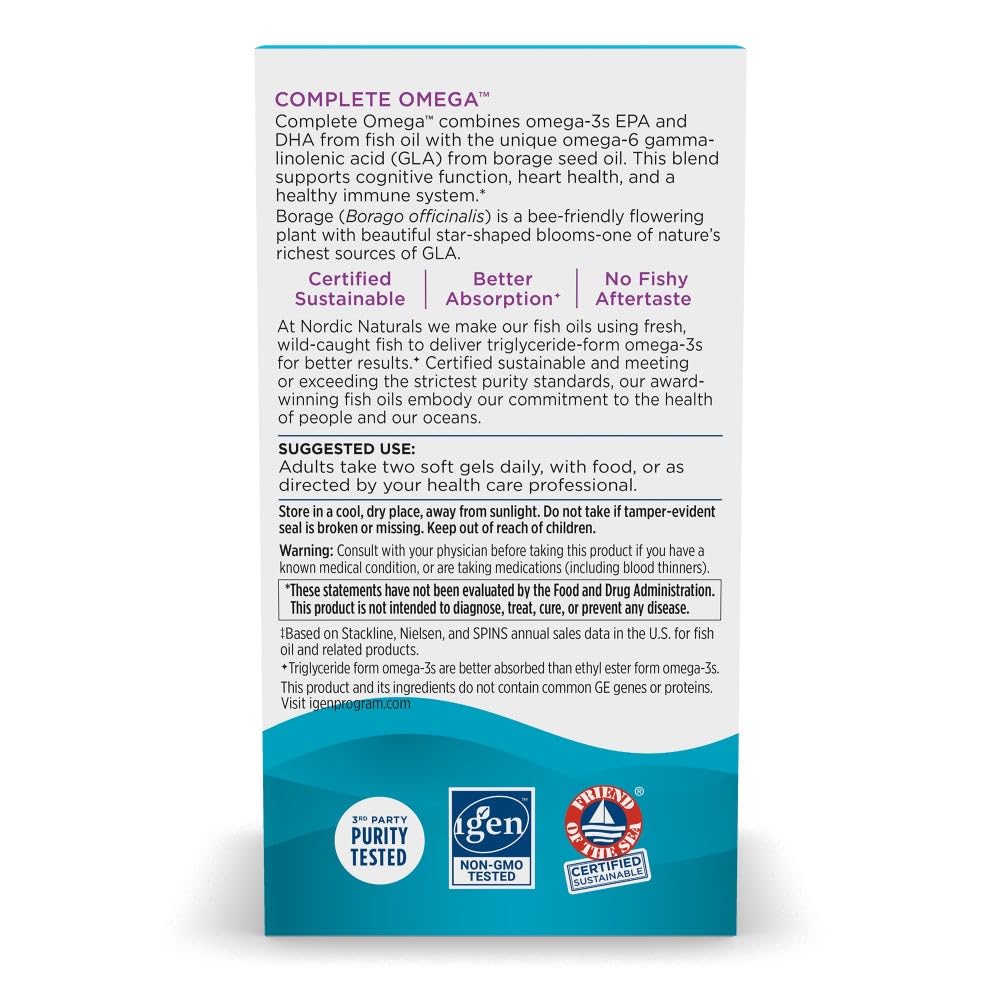 Cápsulas Nordic Naturals Complete Omega con EPA/DHA y GLA para uso diario.