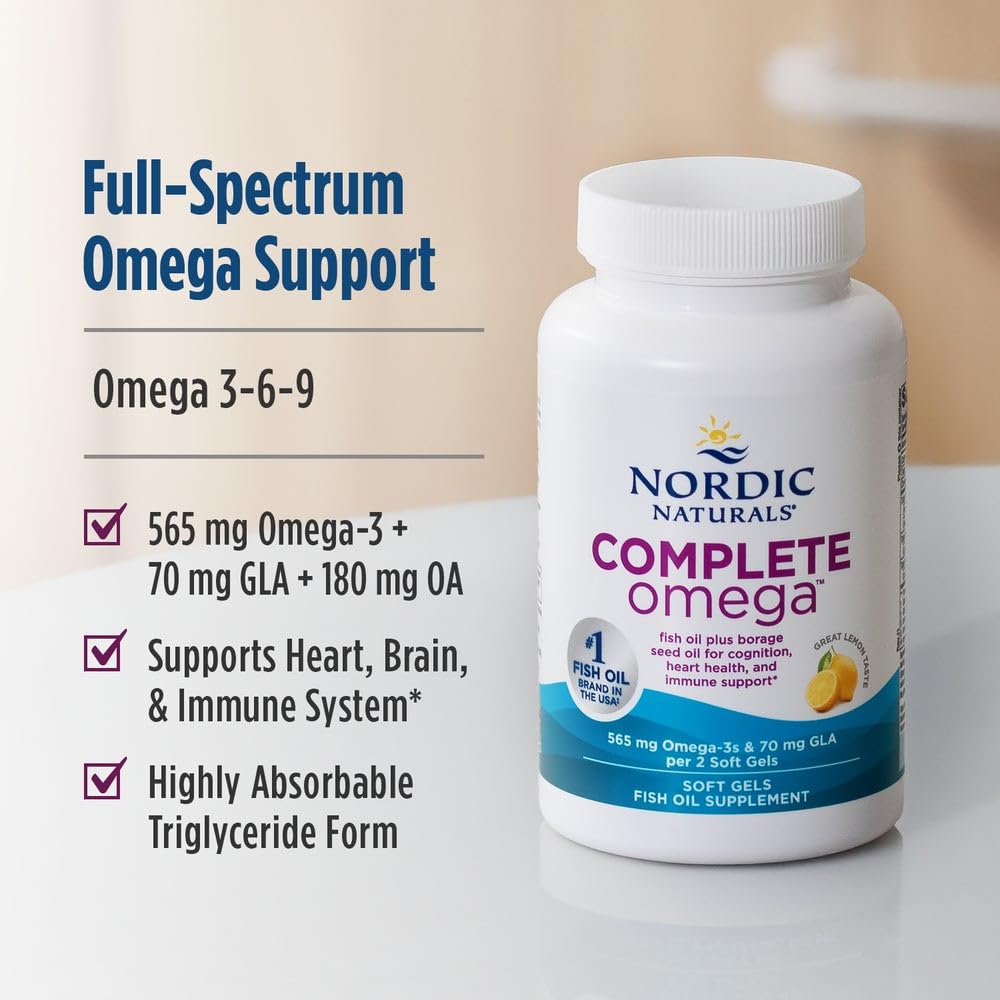 Etiqueta destacada de Nordic Naturals Complete Omega con información de origen y sabor.