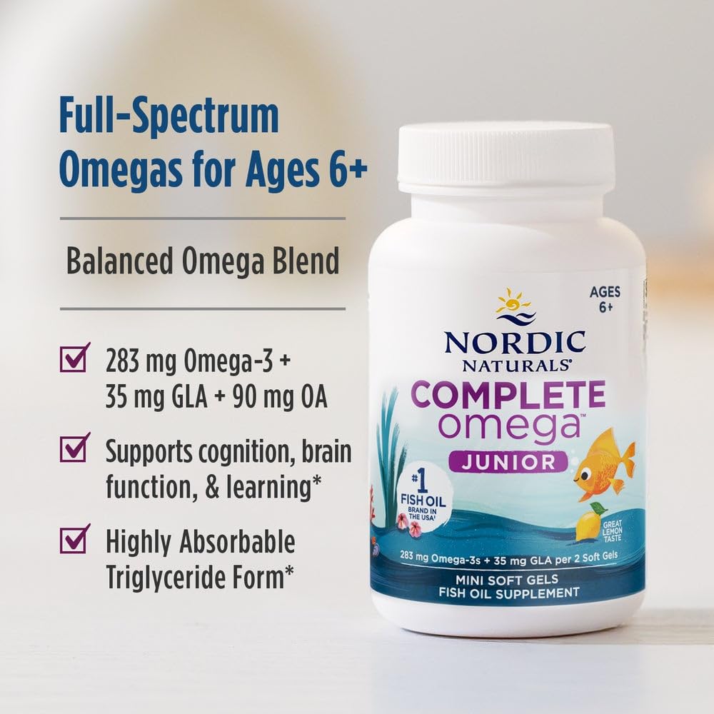Etiqueta limón brilla en envase, Nordic Naturals Omega Jr. para soporte neurológico infantil.