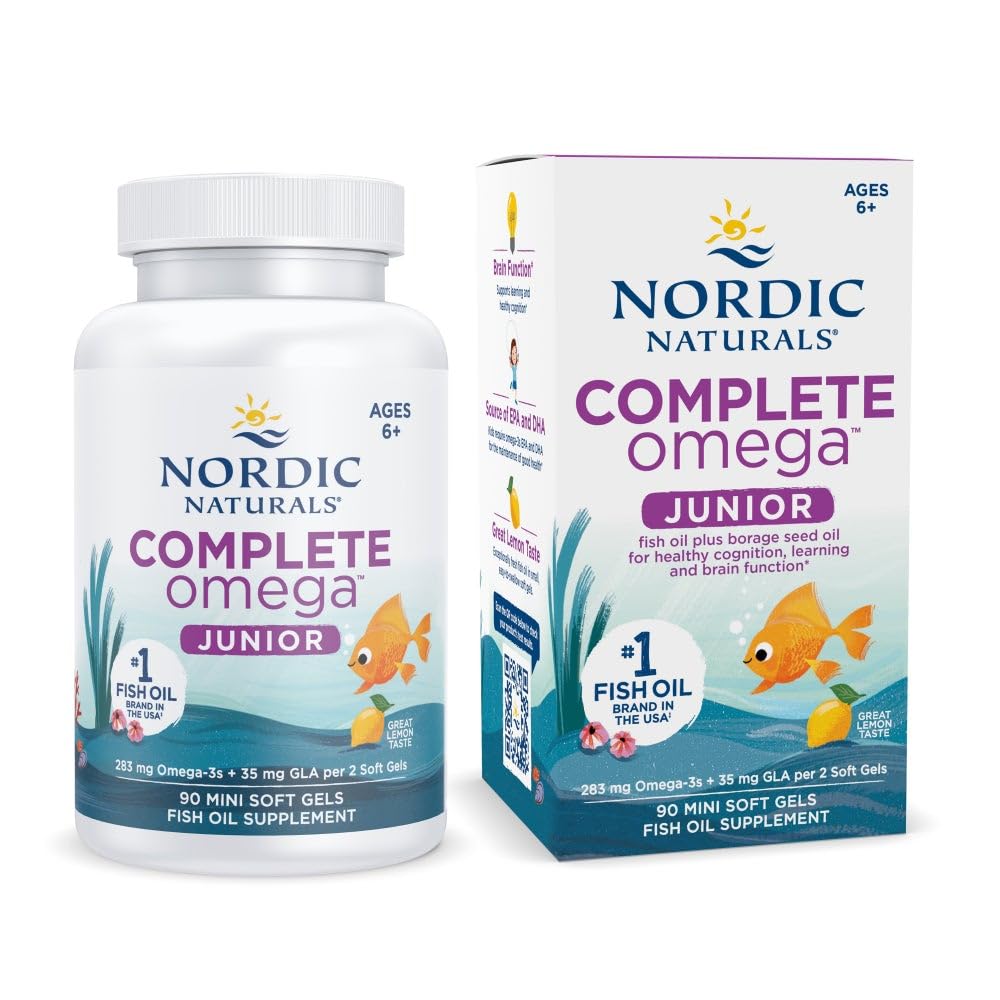 Nordic Naturals Complete Omega Jr. limón, frasco visible, apoya desarrollo cognitivo saludable en niños.
