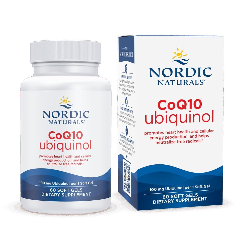 Nordic Naturals CoQ10 Ubiquinol en caja, destacando pureza para uso diario