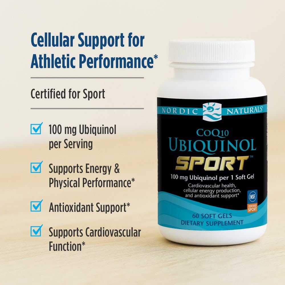 Etiqueta frontal de Nordic Naturals CoQ10 Ubiquinol Sport con indicaciones