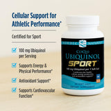 Etiqueta frontal de Nordic Naturals CoQ10 Ubiquinol Sport con indicaciones