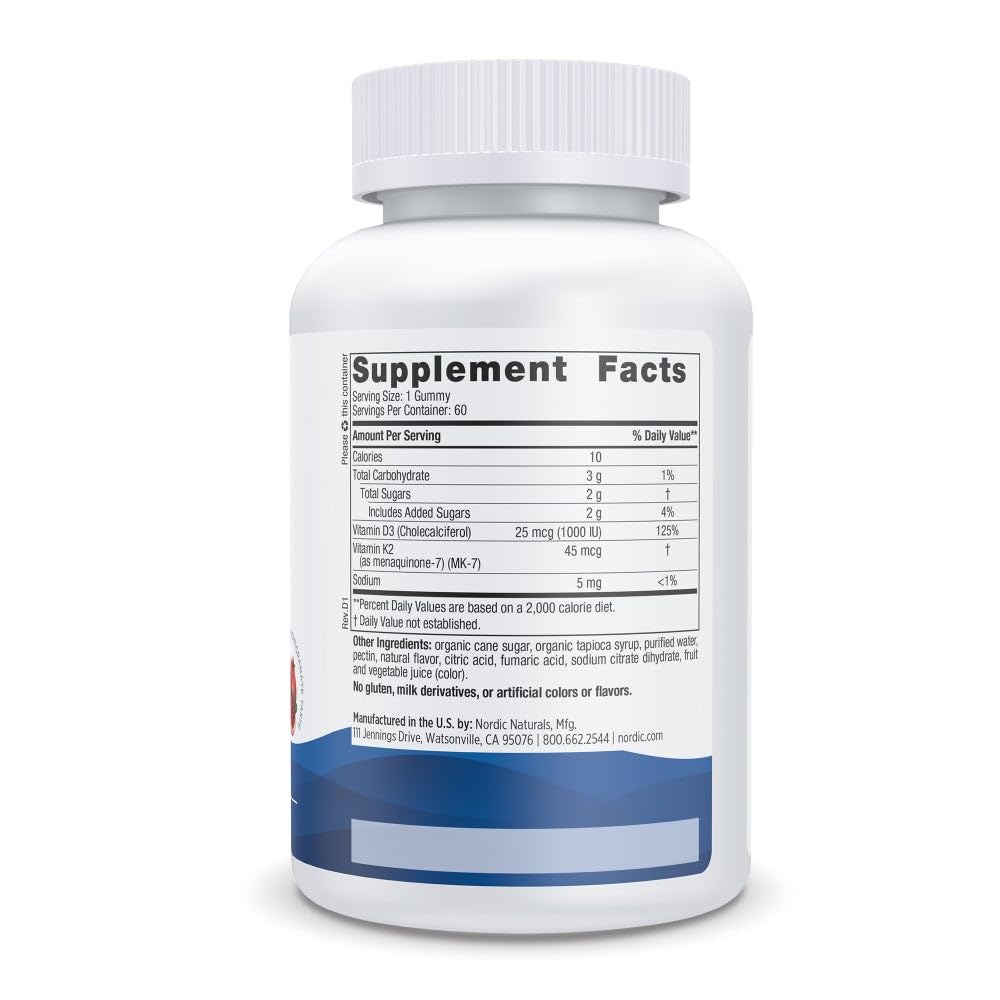 Dosis de 1000 UI D3 y 45 mcg K2 en cada gomita