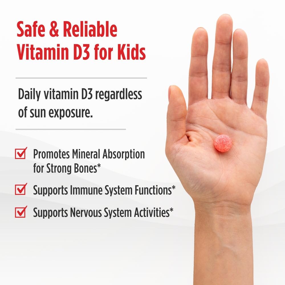 Frasco Nordic Naturals D3 para niños, etiqueta clara, dosis diaria fácil.