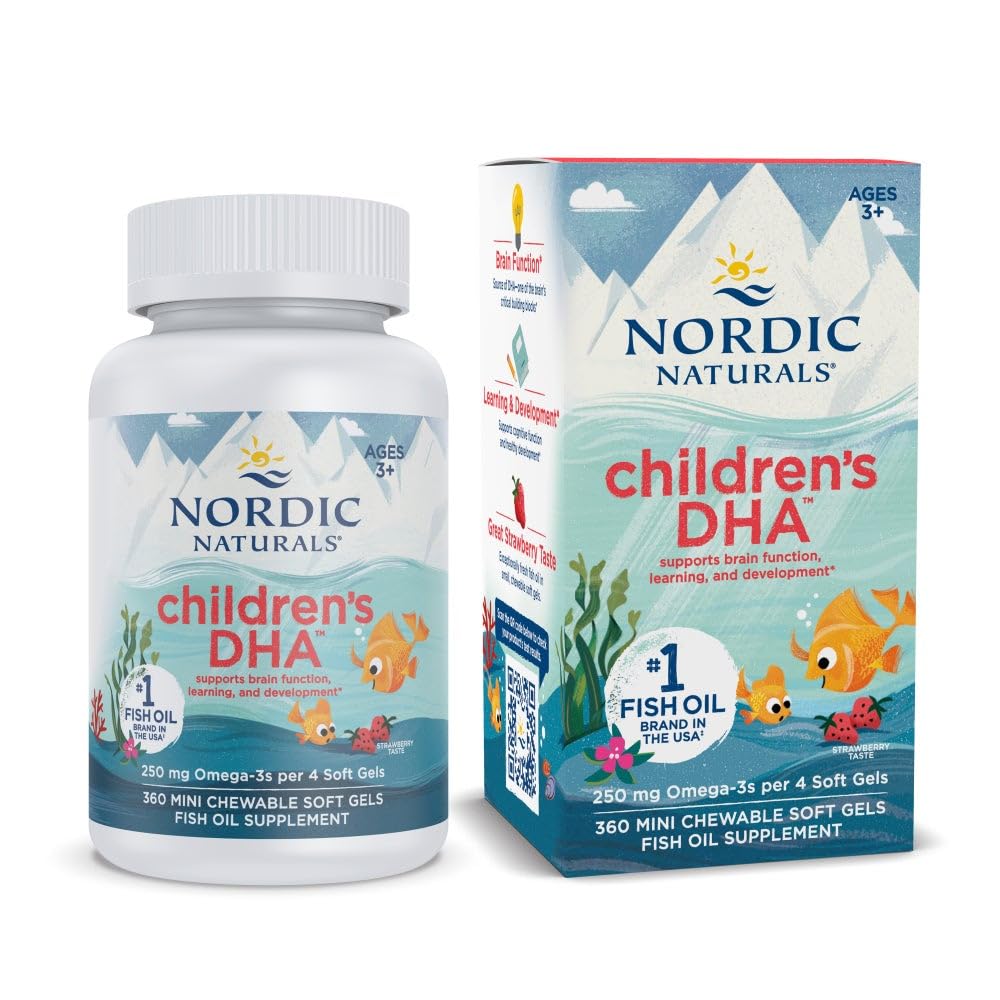 Nordic Naturals DHA para niños, caja de gomitas con sabor a fresa, posible apoyo al desarrollo.