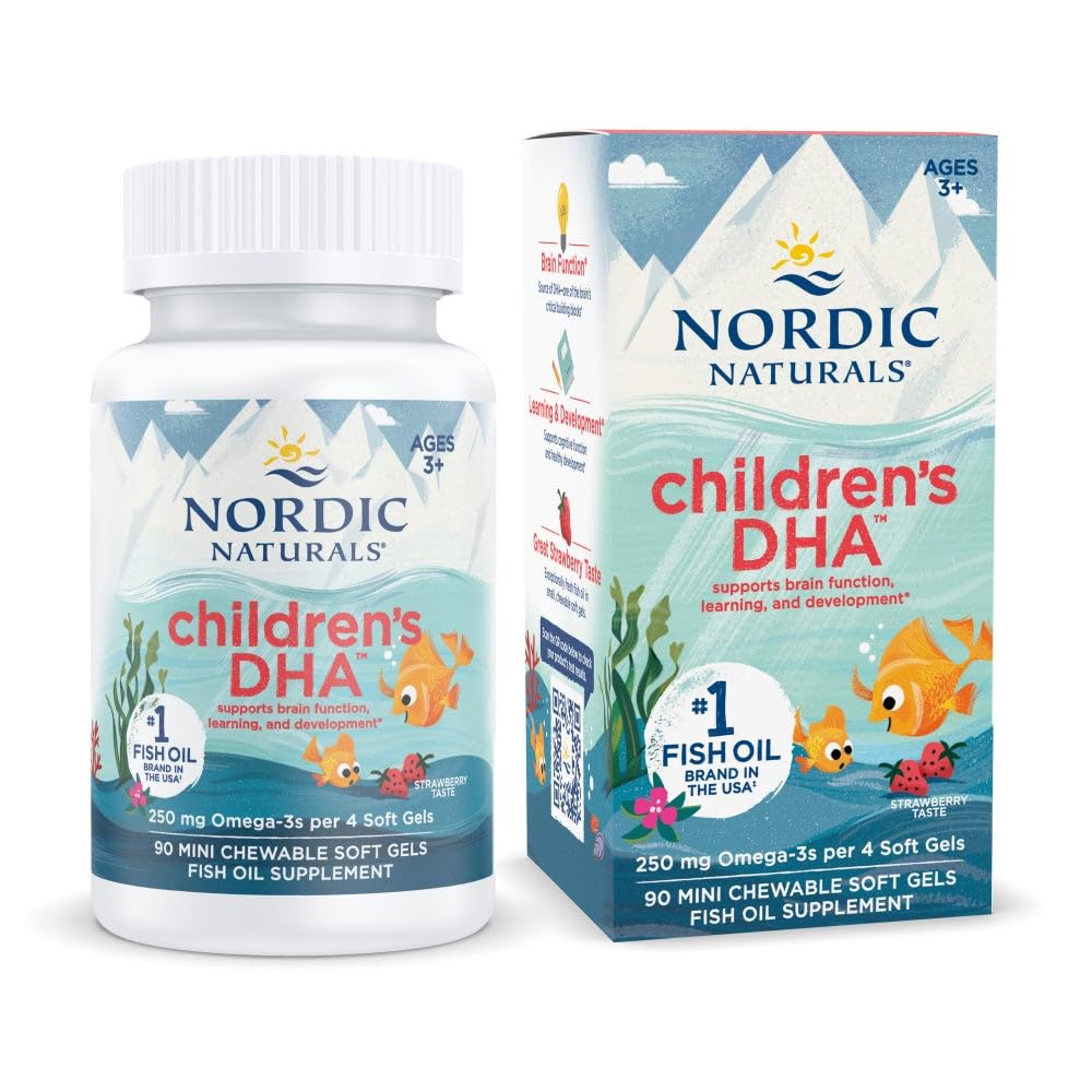 Nordic Naturals DHA para niños, gomitas de fresa masticables para apoyo al desarrollo cerebral