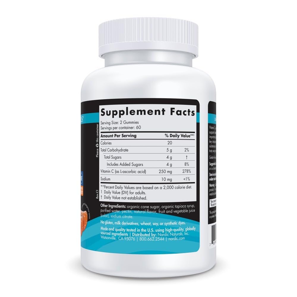 Envase Nordic Naturals con gomitas Vitamina C Tart Tangerine para consumo diario.