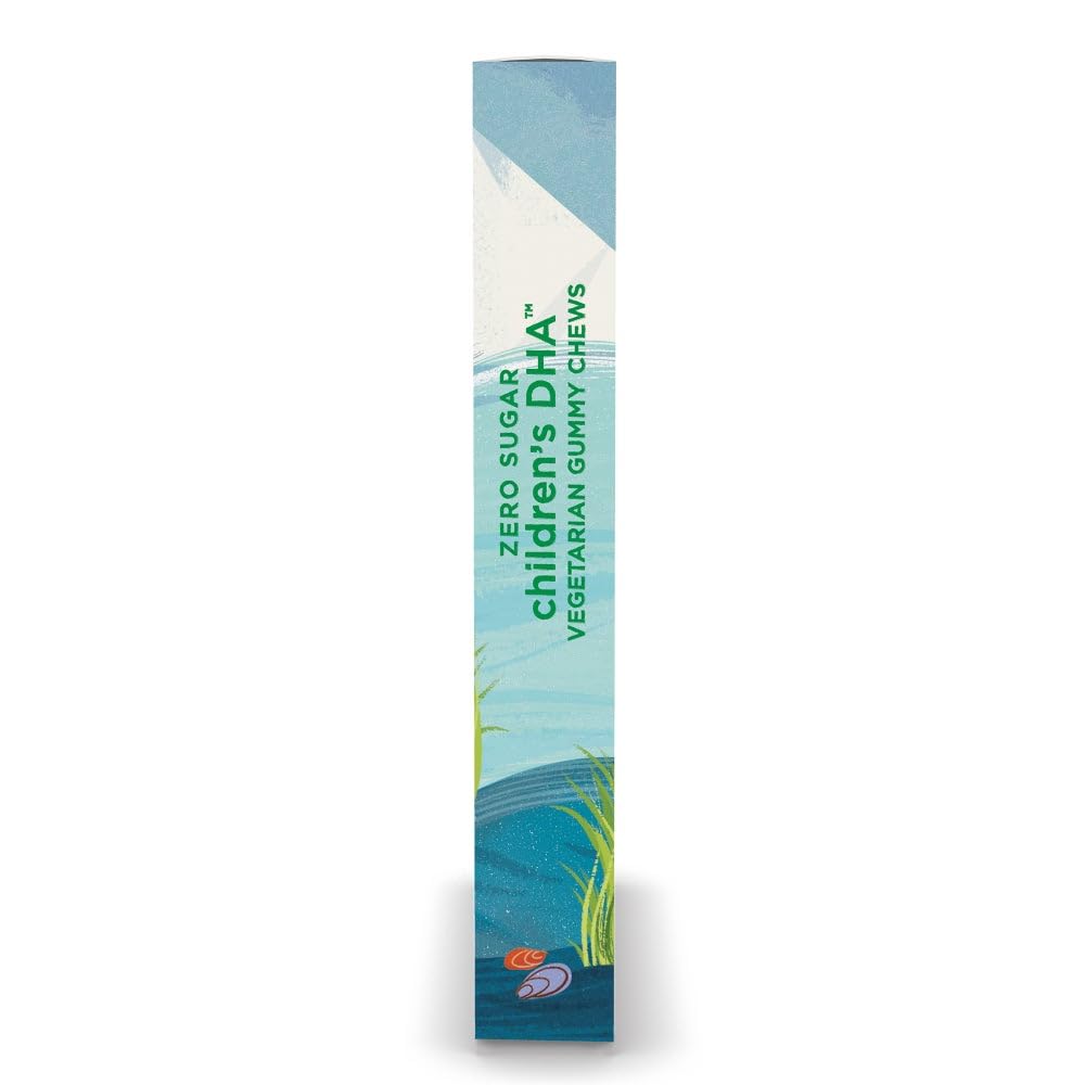 Etiqueta Nordic Naturals en el frasco DHA, elección vegana para niños.