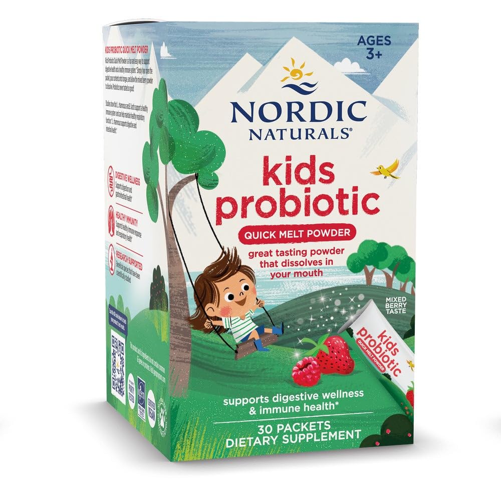 Nordic Naturals Kids Probiotic disolución rápida, sabor frutos rojos, posible apoyo digestivo para niños.