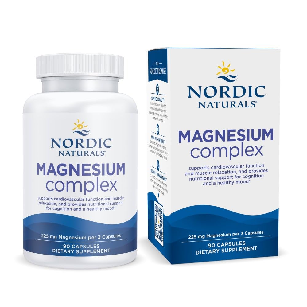 Nordic Naturals Magnesio Complejo, bote de cápsulas, favorece la función muscular y energía sostenida.