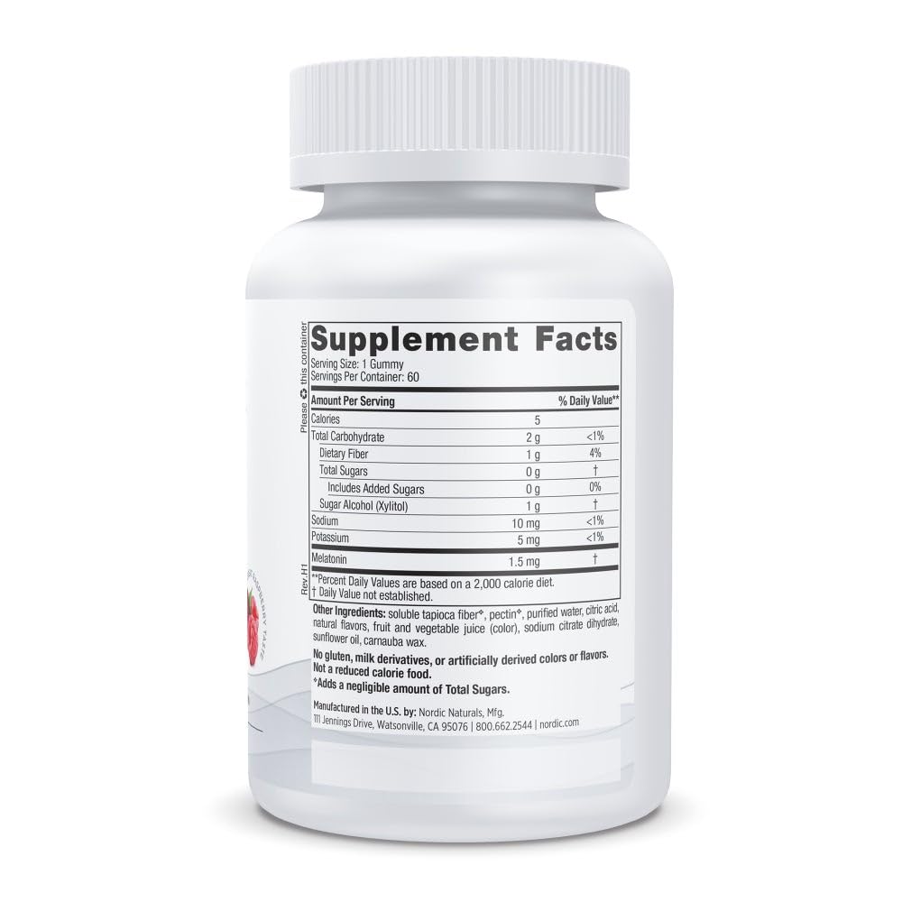 Gominolas de melatonina Nordic Naturals sin azúcar frambuesa 1.5 mg para ritmo circadiano.