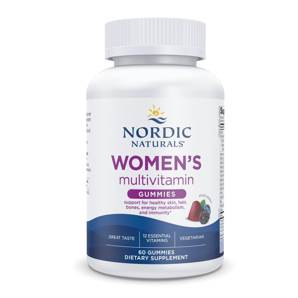 Nordic Naturals Mujeres Multivitamin Gummies, botella, apoyo a energía diaria y bienestar general.