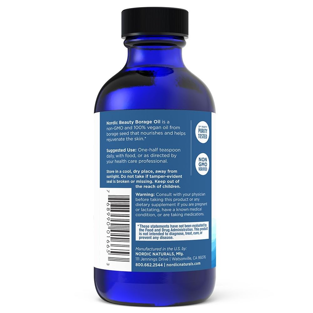 Etiqueta de Nordic Beauty Borage Oil destaca fórmula vegana y libre de OGM.
