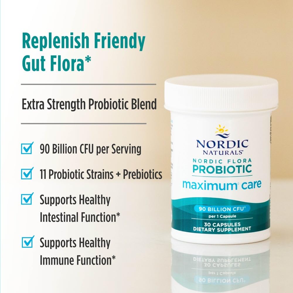 Etiqueta de Nordic Naturals Nordic Flora Probiotic Máximo Cuidado con 11 cepas y pureza.