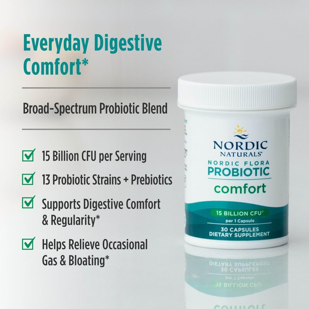 Nordic Naturals Nordic Flora Probiótico Confort etiqueta frontal destacando pureza y trazabilidad.
