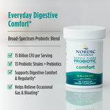Nordic Naturals Nordic Flora Probiótico Confort etiqueta frontal destacando pureza y trazabilidad.