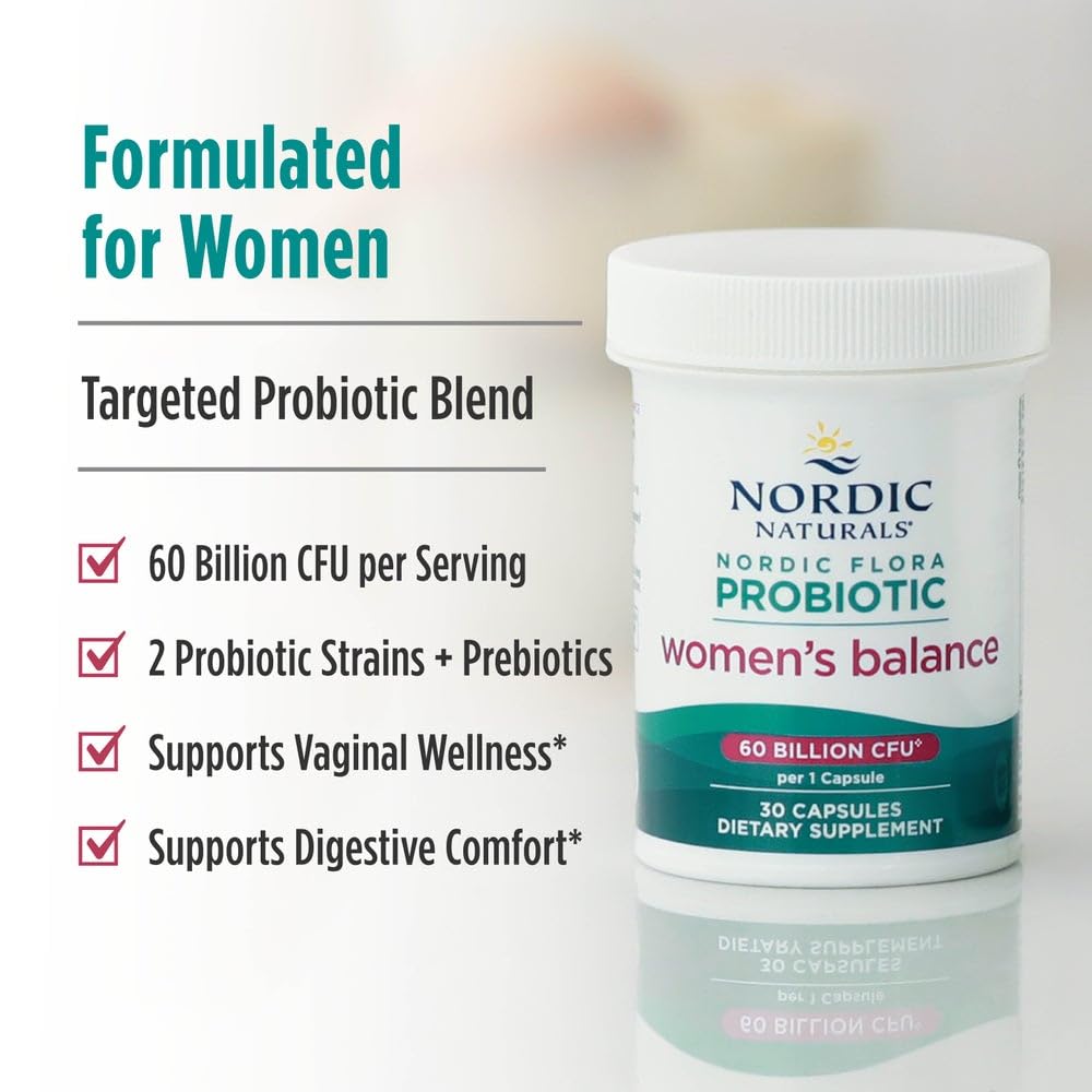 Nordic Naturals Nordic Flora Probiótico Equilibrio Femenino: etiqueta frontal clara y guía de uso.