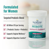 Nordic Naturals Nordic Flora Probiótico Equilibrio Femenino: etiqueta frontal clara y guía de uso.