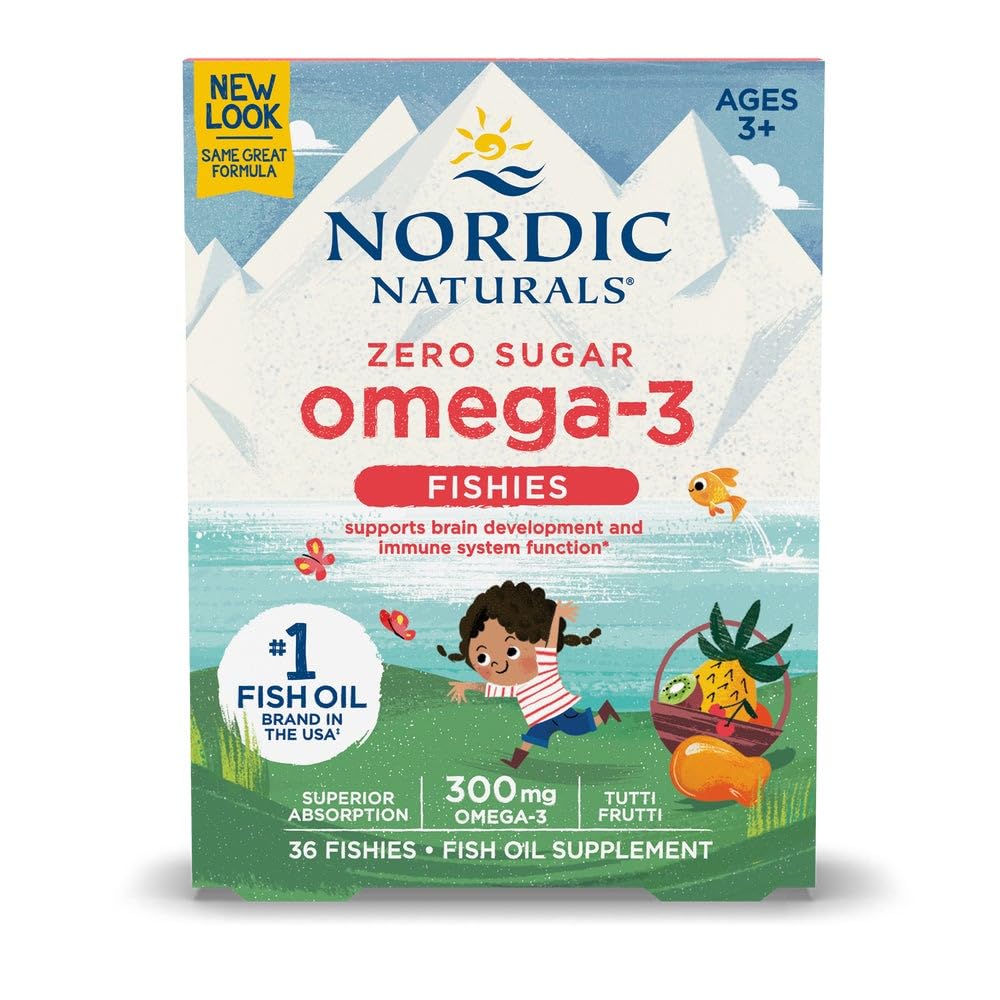 Botella de Nordic Omega-3 Fishies Tutti Frutti para apoyo cerebral infantil.