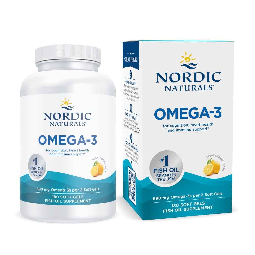 Nordic Naturals Omega-3 limón, botella, promueve apoyo al corazón y bienestar general.