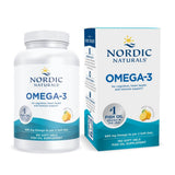 Nordic Naturals Omega-3 limón, botella, promueve apoyo al corazón y bienestar general.