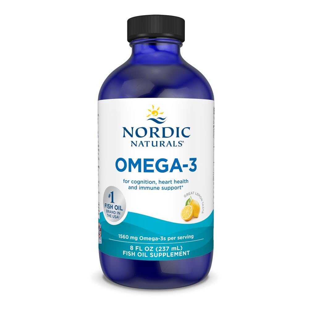 Nordic Naturals Omega-3 sabor limón, botella visible, posible apoyo al corazón y la mente.