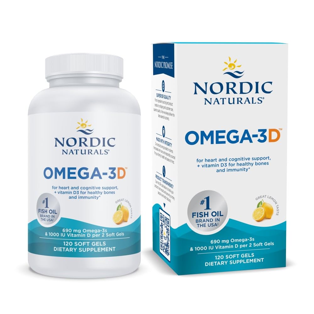 Nordic Naturals Omega-3D frasco sabor limón: cápsulas suaves con sabor cítrico para ingesta diaria.