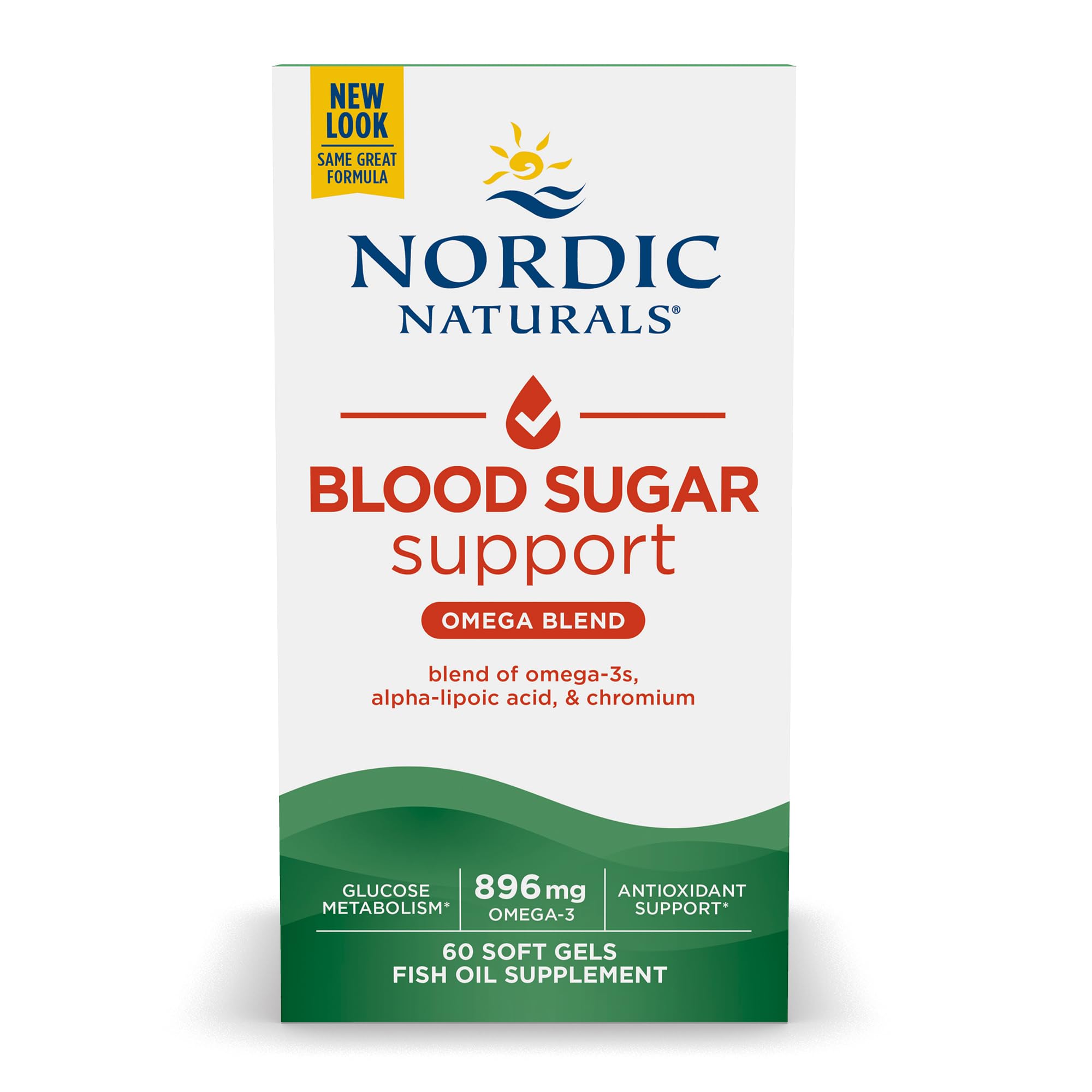 Nordic Naturals Omega Blood Sugar: etiqueta frontal que destaca beneficios clave.