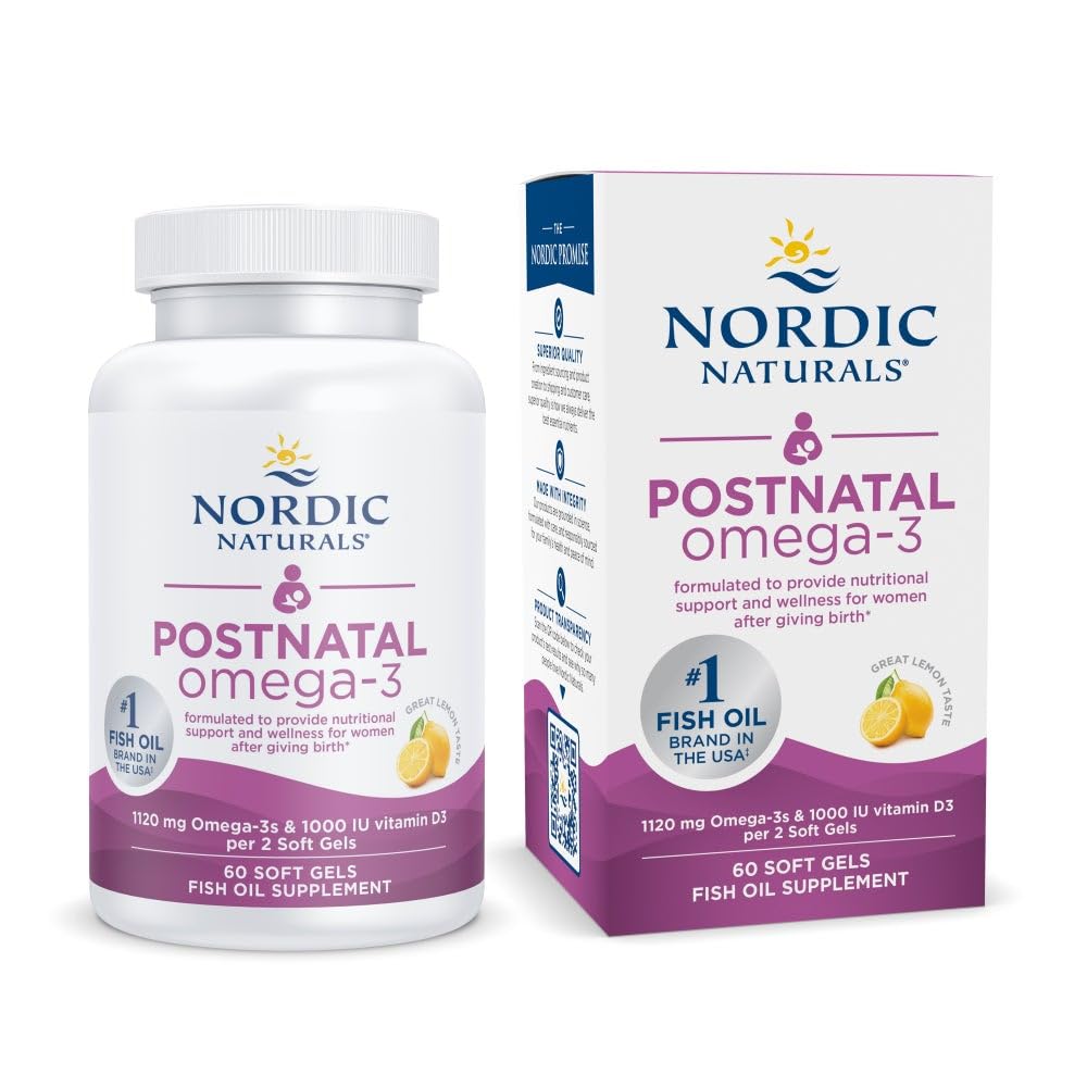 Nordic Naturals Postnatal Omega-3 cápsulas suaves limón, botella visible, posible apoyo al bienestar diario.