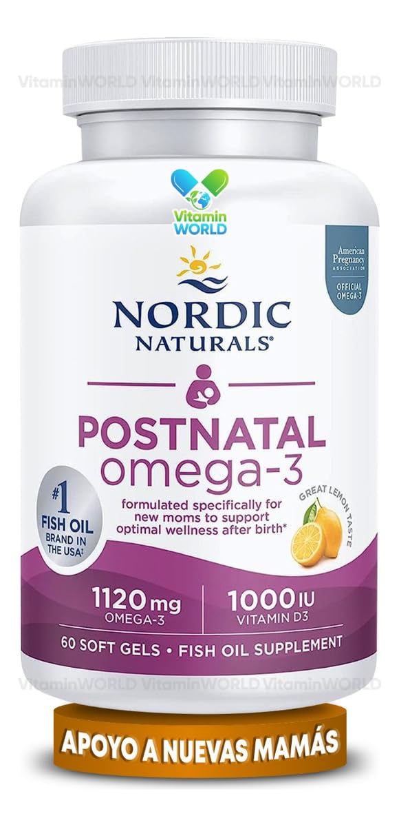 Nordic Naturals Postnatal Omega-3 etiqueta Vitamina D3, detalle claro, posible soporte metabólico.