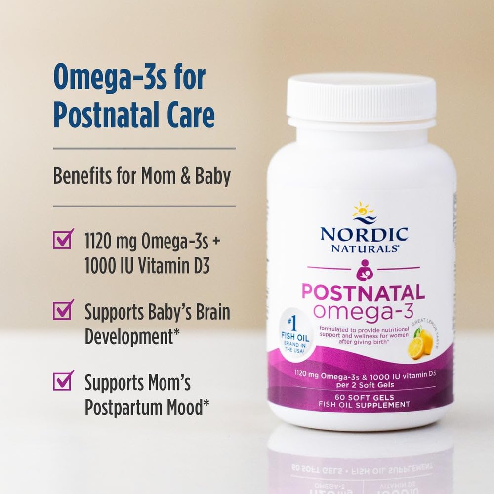 Nordic Naturals Postnatal Omega-3 sabor limón, etiqueta visible, fácil de tomar.
