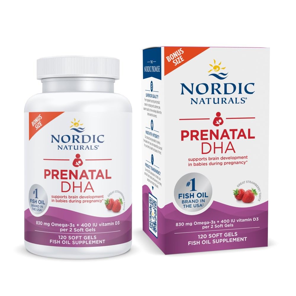 Nordic Naturals Prenatal DHA fresa en botella; uso diario cómodo.