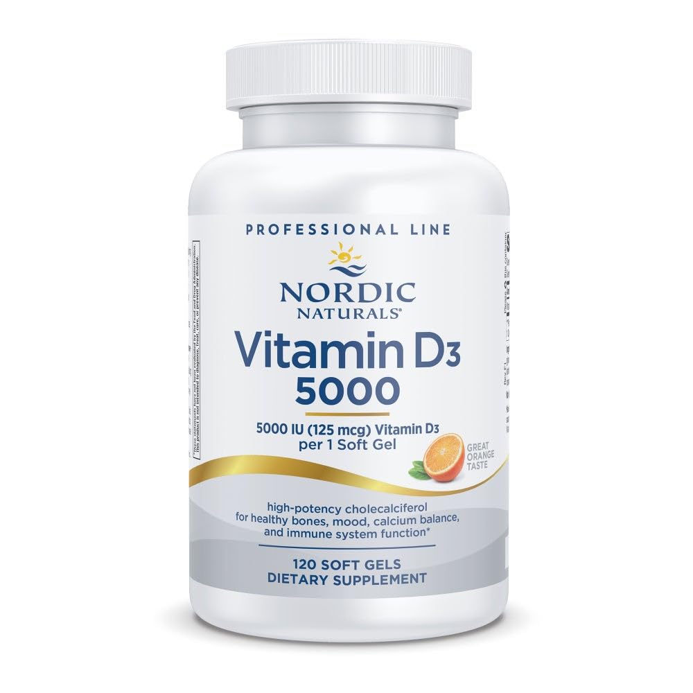 Nordic Naturals Pro Vitamin D3 5000, botella visible, apoya huesos saludables.