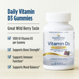 Etiqueta 1000 UI D3 de Nordic Naturals en gomitas, información clara y visible.