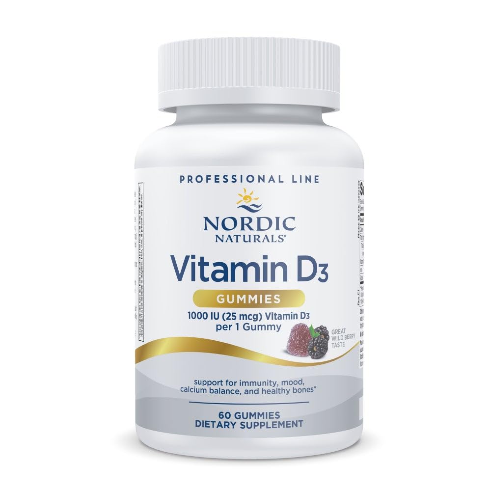 Nordic Naturals Pro Vitamin D3 Gummies frambuesa; botella lista para uso diario con beneficios potenciales.