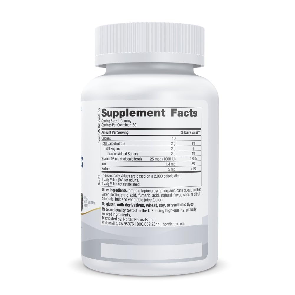 Gomitas D3 Nordic Naturals; textura masticable y sabor frambuesa para consumo diario.
