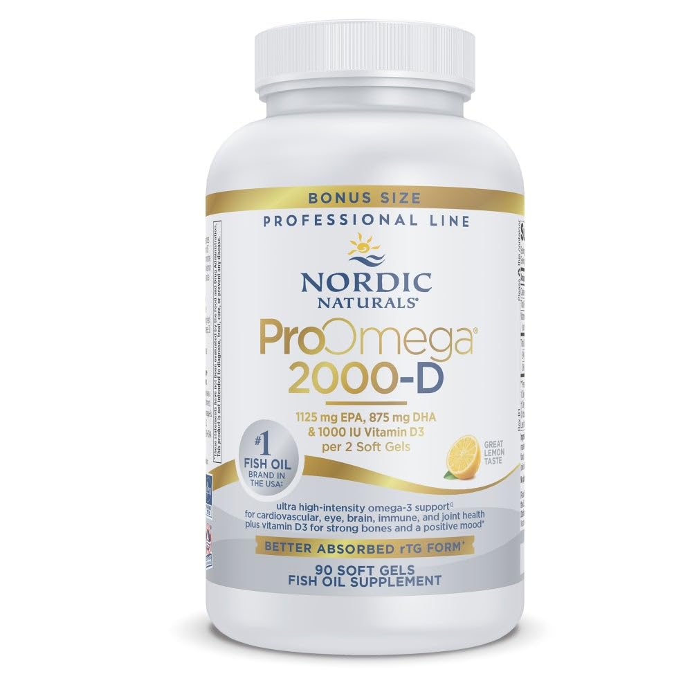 Nordic Naturals Pro Omega 2000-D frasco de cápsulas con sabor a limón para la toma diaria.